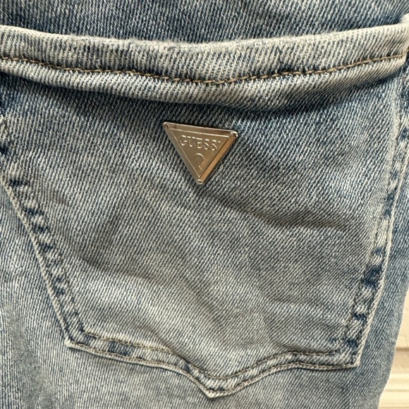 Guess Bib Overalls Denim Jean Distressed Straight Leg Women’s size small - Picture 5 of 6